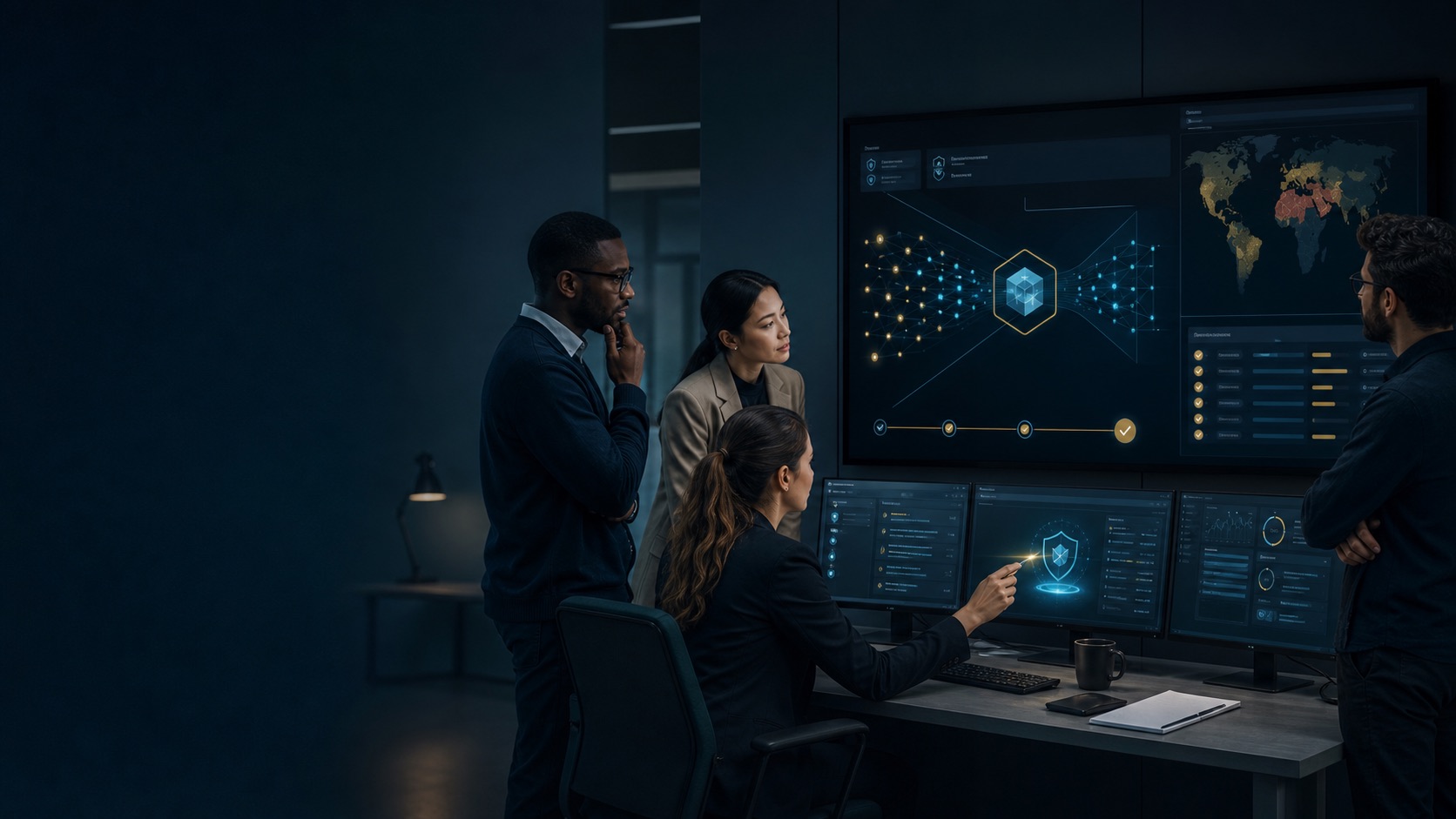 Security team supervising a guarded AI-assisted vulnerability prioritization workflow
