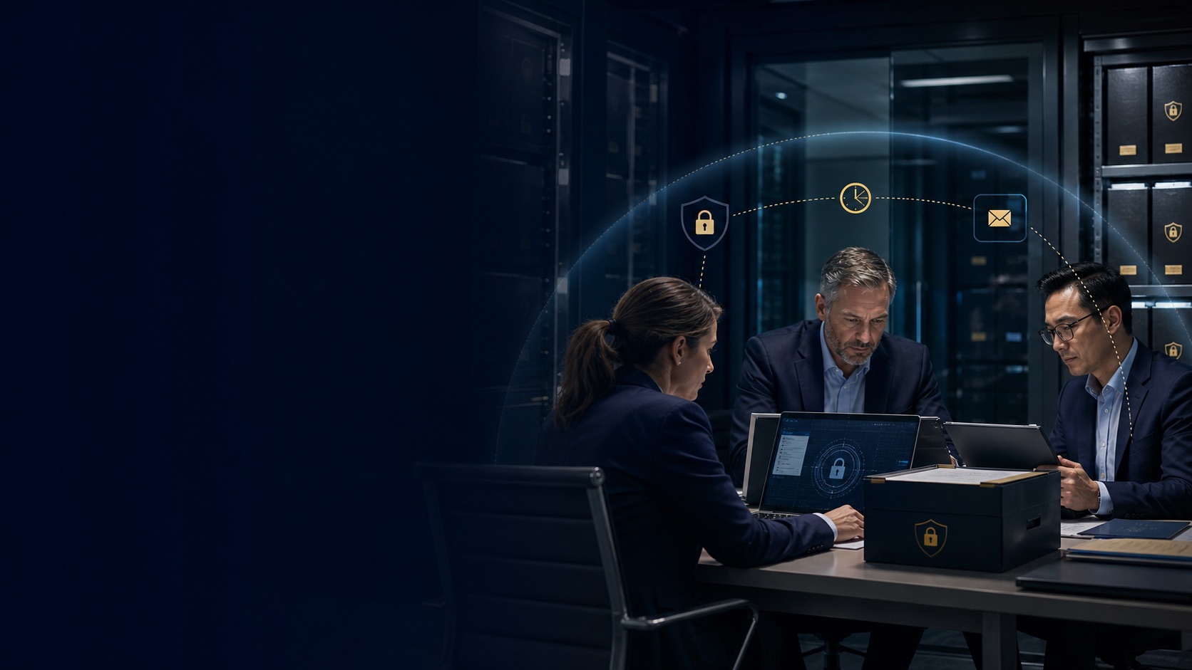Financial cybersecurity team reviewing encrypted examination records inside a controlled data boundary